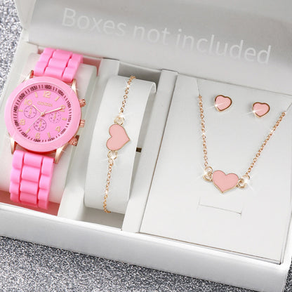 Women's 5PCS Quartz Watch & Jewelry Set – Silicone Band Edition