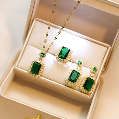 Elegant Quadrate Rhinestone 4-Piece Jewelry Set – Necklace, Earrings, Ring, and Bracelet