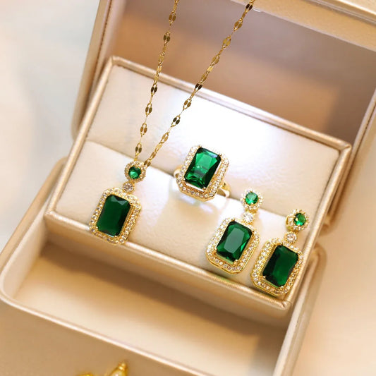 Elegant Quadrate Rhinestone 4-Piece Jewelry Set – Necklace, Earrings, Ring, and Bracelet