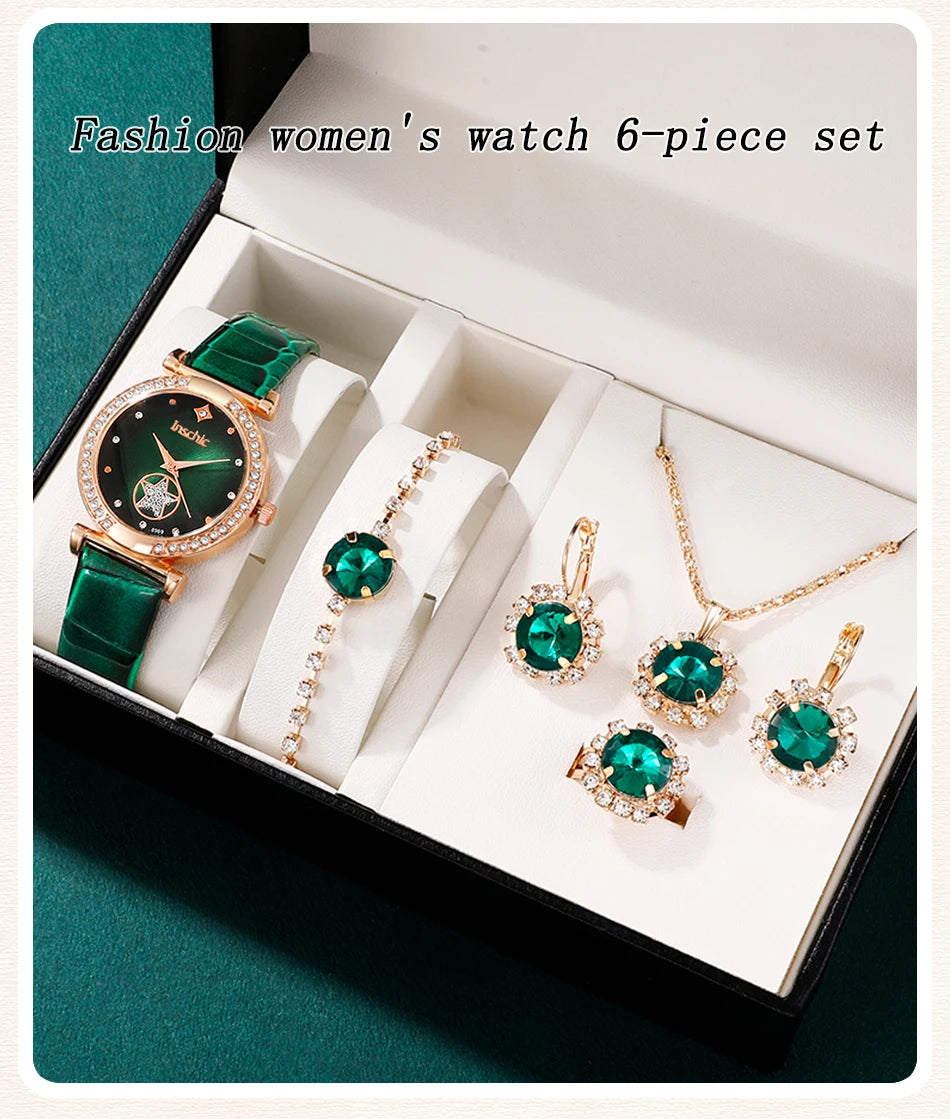Women's 6PCS Quartz Watch & Jewelry Set – Red, Green, or Black Collection