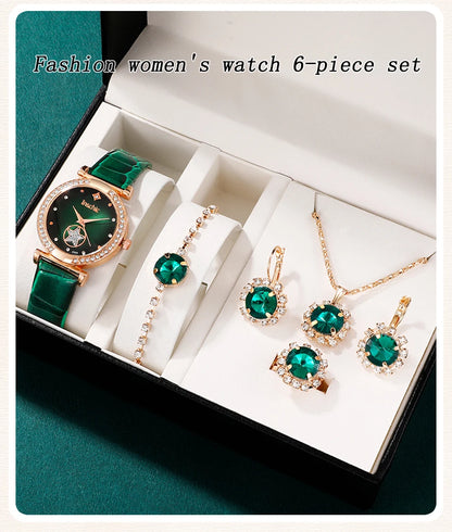 Women's 6PCS Quartz Watch & Jewelry Set – Red, Green, or Black Collection