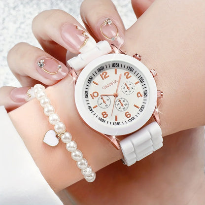 Women's 6PCS Quartz Watch & Heart Pearl Jewelry Set – White Silicone Edition