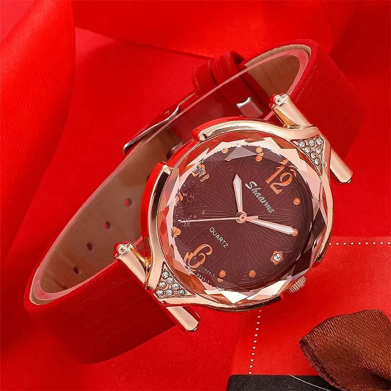 Women's 5PCS Leather Band Watch & Jewelry Set – Casual Elegance