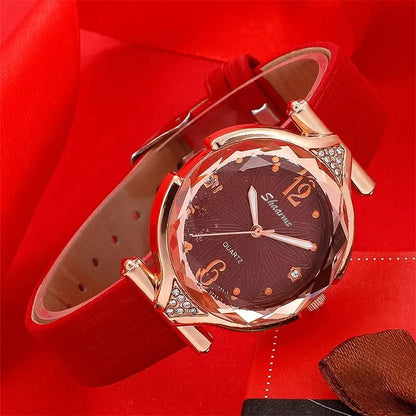 Women's 5PCS Leather Band Watch & Jewelry Set – Casual Elegance