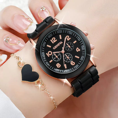 Women's 5PCS Quartz Watch & Jewelry Set – Silicone Band Edition