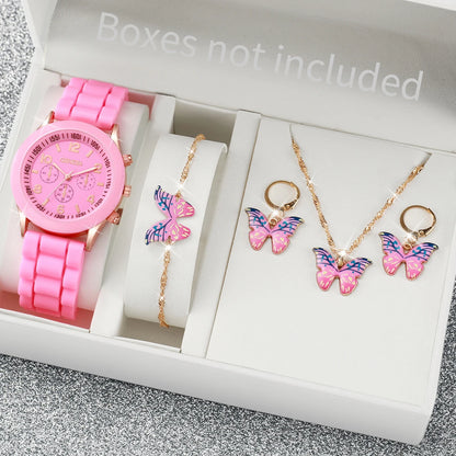 Women's 5PCS Quartz Watch & Jewelry Set – Silicone Band Edition