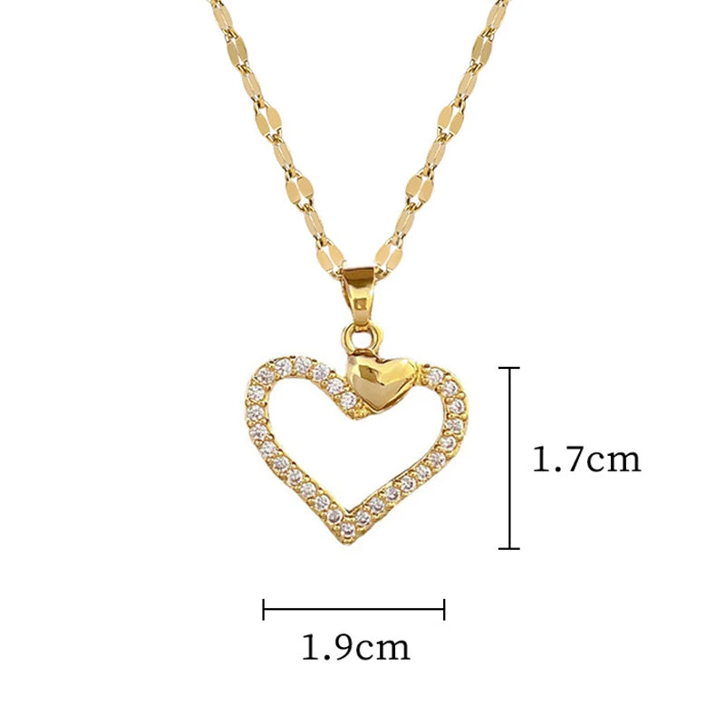 Trendy Heart Pendant Necklace – Gold Stainless Steel with Zirconia Accent