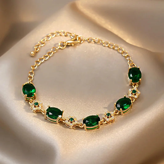 Luxury Green Crystal Geometric Bracelet – Gold Tone Link Chain