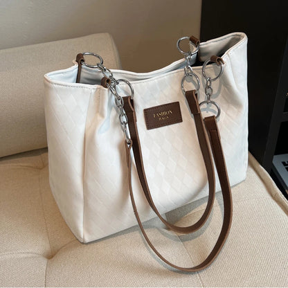 Elegant Contrast-Stitch Tote – Large Capacity Luxe Shoulder Bag