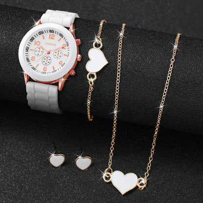 Women's 5PCS Quartz Watch & Jewelry Set – Silicone Band Edition