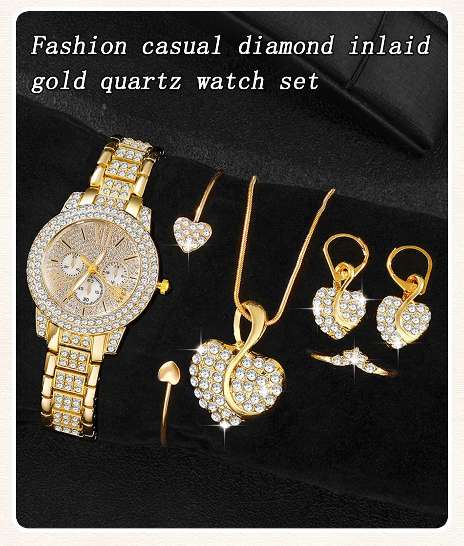 Luxury 6PCS Women's Rhinestone Watch & Jewelry Set