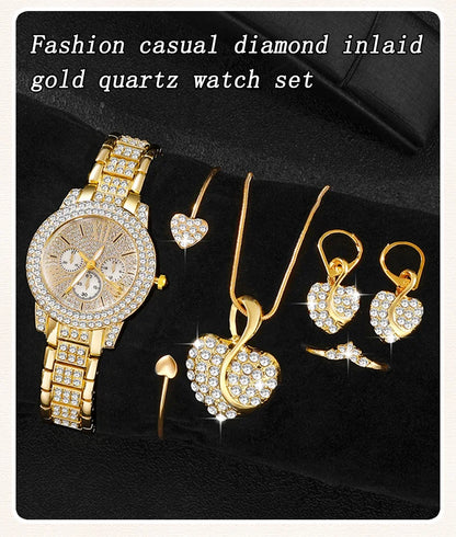 Luxury 6PCS Women's Rhinestone Watch & Jewelry Set
