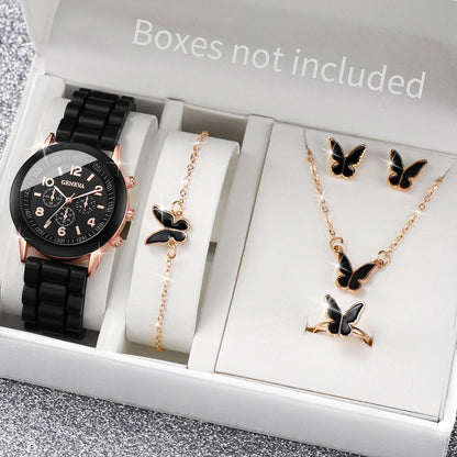 Women's 5PCS Quartz Watch & Jewelry Set – Silicone Band Edition