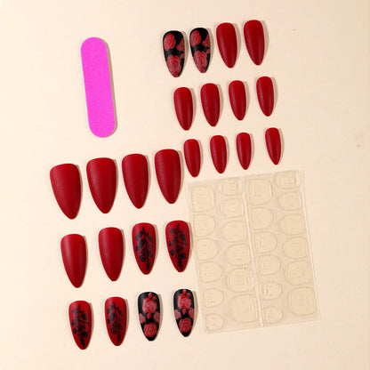 Matte Red Almond Press-On Nails – 24-Piece Set with Rose Leaf Design