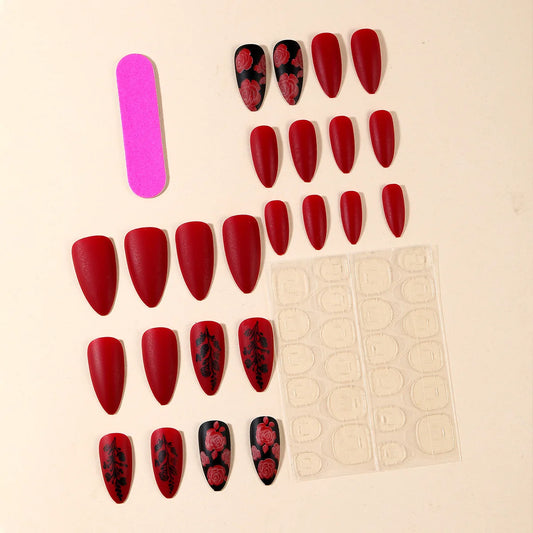 Matte Red Almond Press-On Nails – 24-Piece Set with Rose Leaf Design
