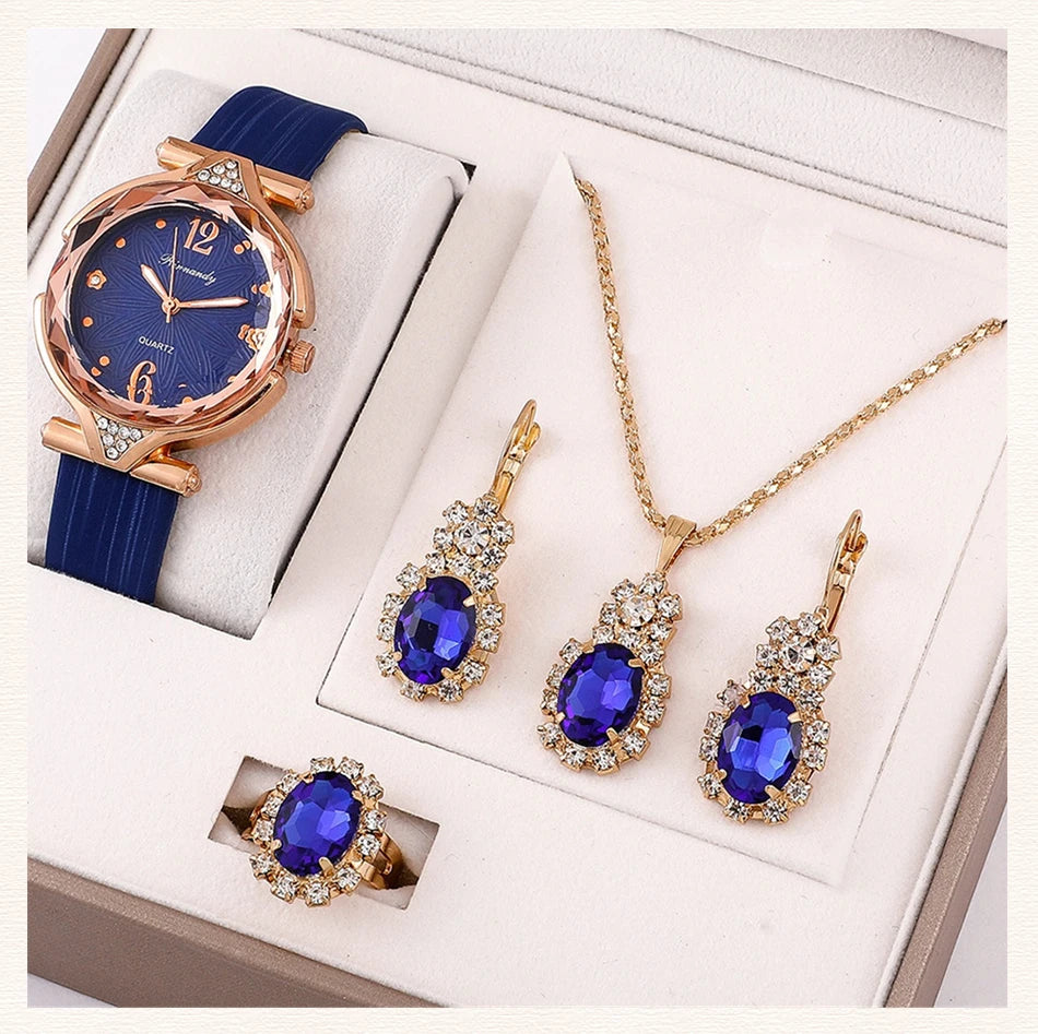 Women's 5PCS Leather Band Watch & Jewelry Set – Casual Elegance