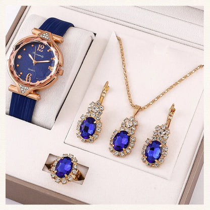 Women's 5PCS Leather Band Watch & Jewelry Set – Casual Elegance