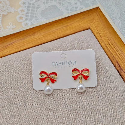 Pearl Bowknot Drop Earrings – Black or Red Accents