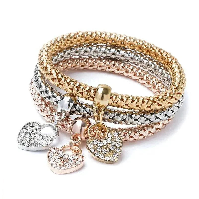3PCS Rose Gold & Silver Charm Bracelet Set