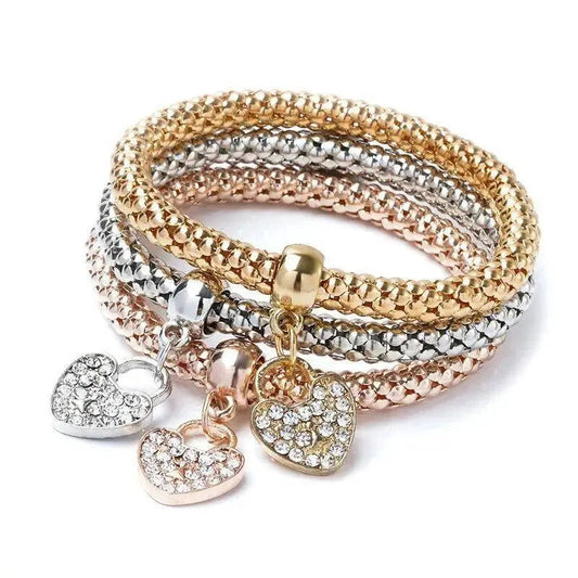3PCS Rose Gold & Silver Charm Bracelet Set