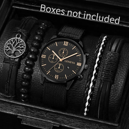 Men’s Nylon Strap Watch & Bracelet Set – 4/5PCS