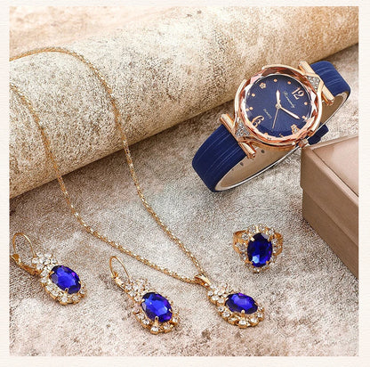 Women's 5PCS Leather Band Watch & Jewelry Set – Casual Elegance