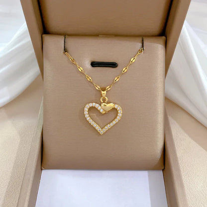 Trendy Heart Pendant Necklace – Gold Stainless Steel with Zirconia Accent