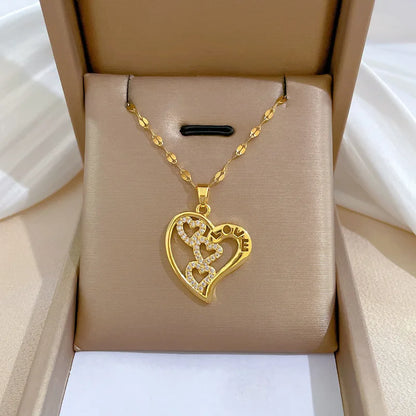 Trendy Heart Pendant Necklace – Gold Stainless Steel with Zirconia Accent