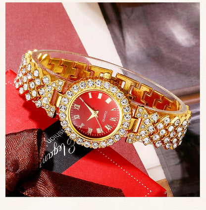 Golden Rhinestone Women's Watch & Jewelry Set – 5PCS Collection