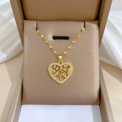 Trendy Heart Pendant Necklace – Gold Stainless Steel with Zirconia Accent