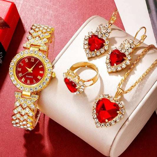 Golden Rhinestone Women's Watch & Jewelry Set – 5PCS Collection