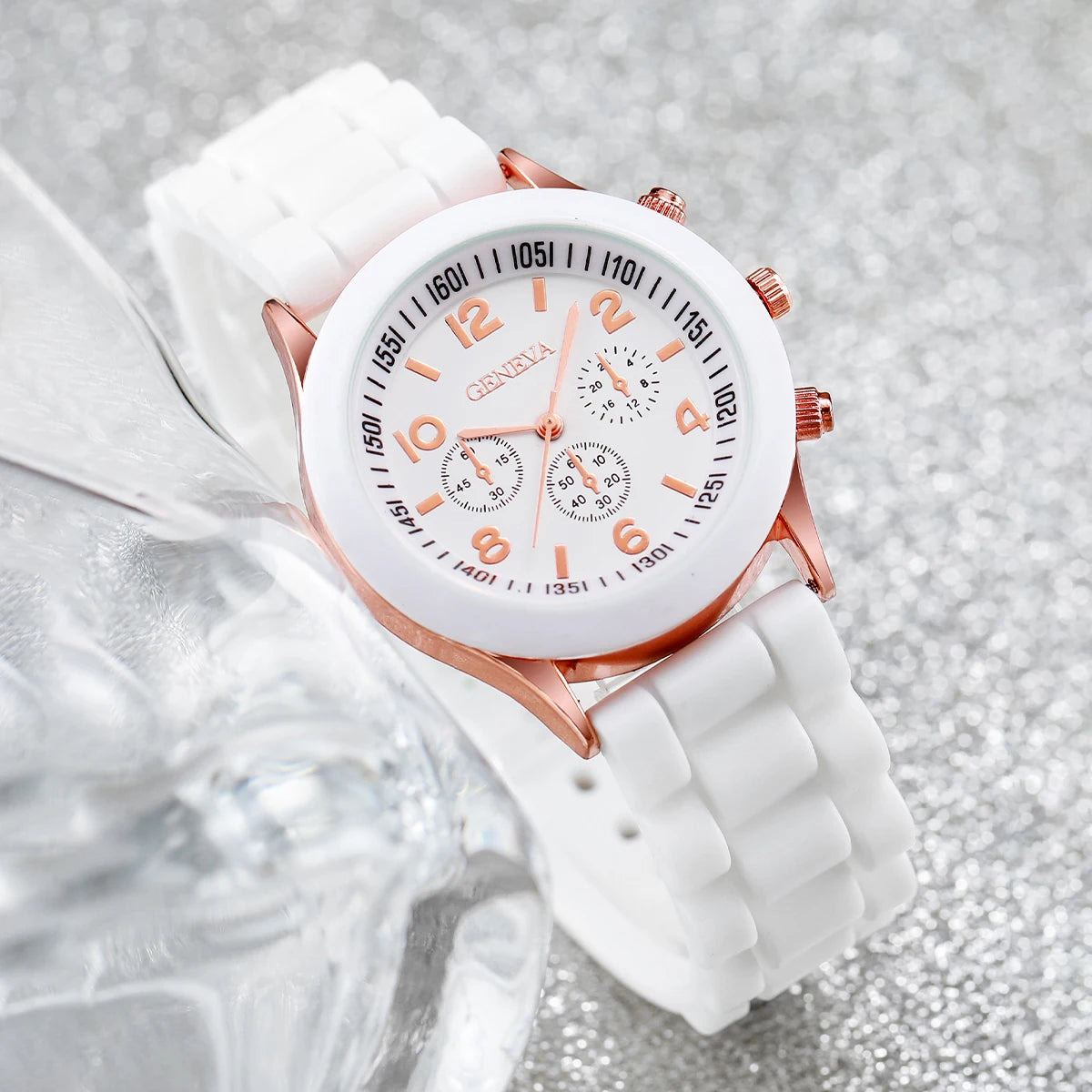 Women's 6PCS Quartz Watch & Heart Pearl Jewelry Set – White Silicone Edition