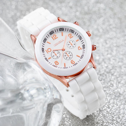 Women's 6PCS Quartz Watch & Heart Pearl Jewelry Set – White Silicone Edition