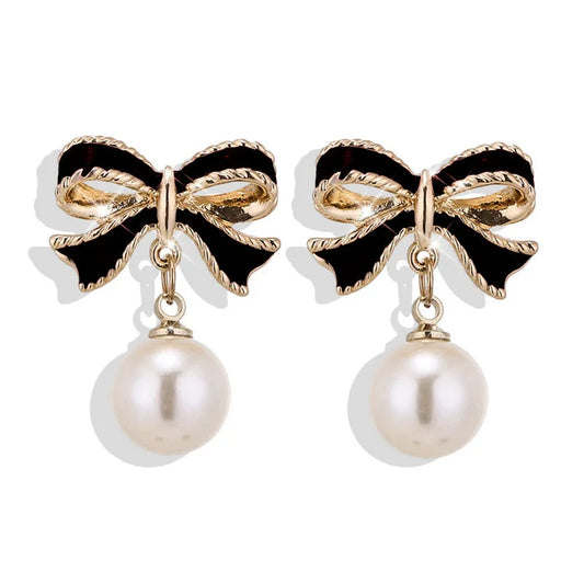 Pearl Bowknot Drop Earrings – Black or Red Accents