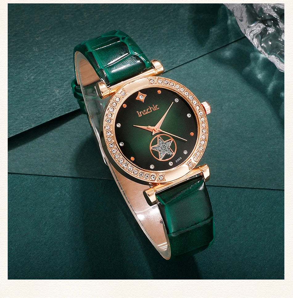Women's 6PCS Quartz Watch & Jewelry Set – Red, Green, or Black Collection