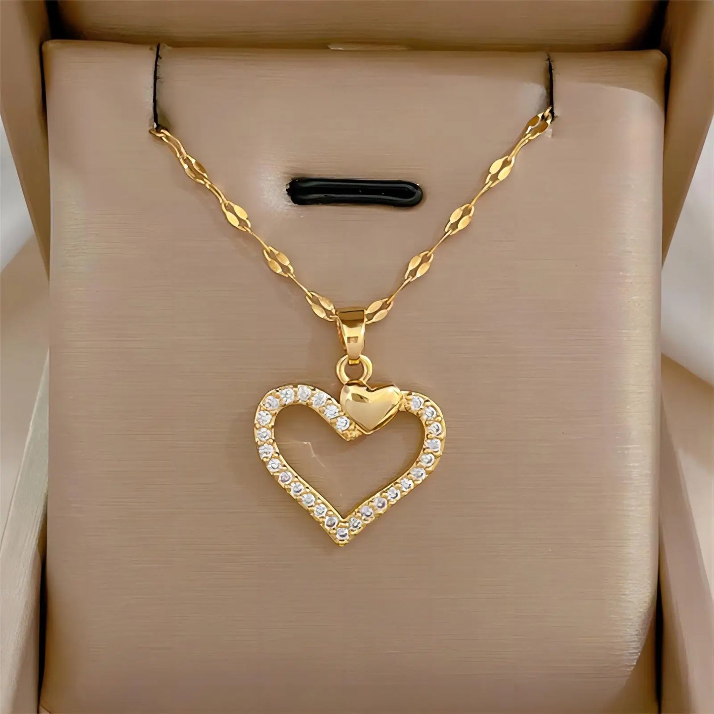 Trendy Heart Pendant Necklace – Gold Stainless Steel with Zirconia Accent