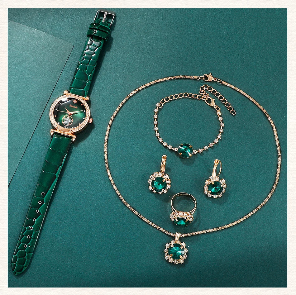 Women's 6PCS Quartz Watch & Jewelry Set – Red, Green, or Black Collection