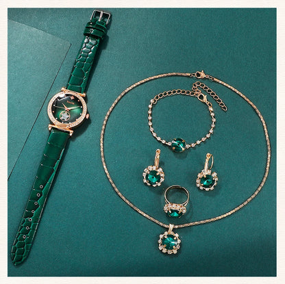 Women's 6PCS Quartz Watch & Jewelry Set – Red, Green, or Black Collection