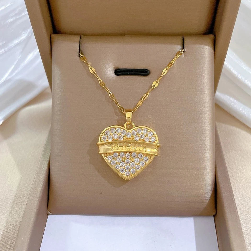 Trendy Heart Pendant Necklace – Gold Stainless Steel with Zirconia Accent