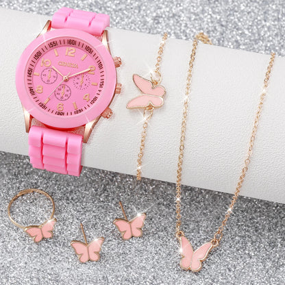 Women's 5PCS Quartz Watch & Jewelry Set – Silicone Band Edition