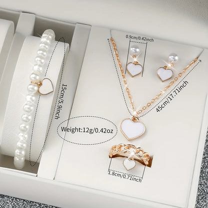 Women's 6PCS Quartz Watch & Heart Pearl Jewelry Set – White Silicone Edition