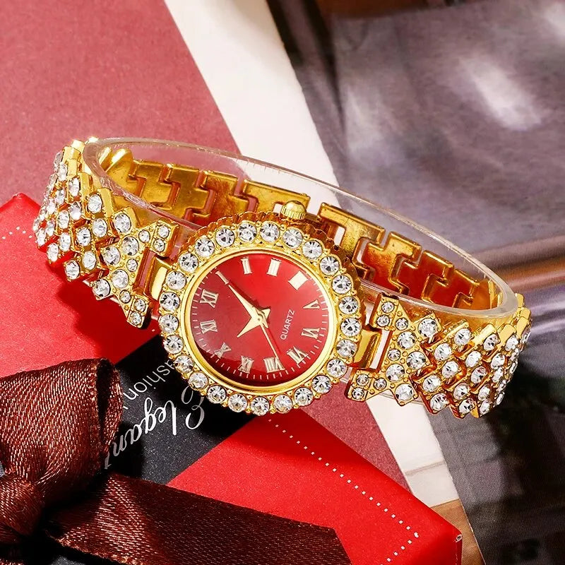 Golden Rhinestone Women's Watch & Jewelry Set – 5PCS Collection