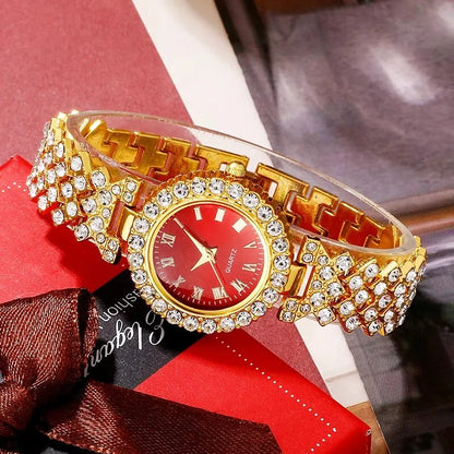 Golden Rhinestone Women's Watch & Jewelry Set – 5PCS Collection