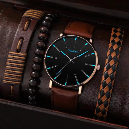 4PCS Men’s Brown Leather Watch & Bracelet Gift Set