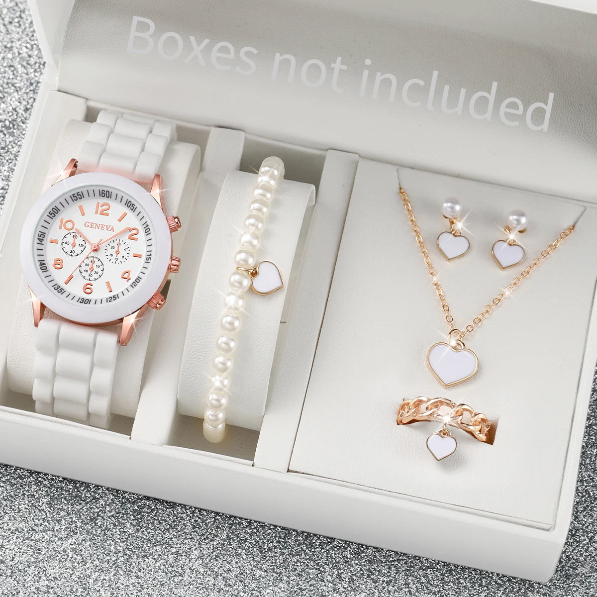 Women's 6PCS Quartz Watch & Heart Pearl Jewelry Set – White Silicone Edition
