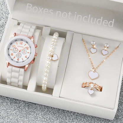 Women's 6PCS Quartz Watch & Heart Pearl Jewelry Set – White Silicone Edition