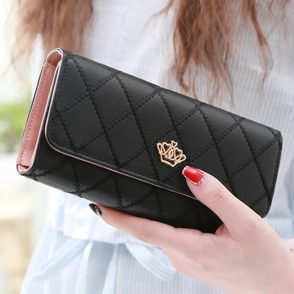 Diamond Pattern Elegant Wallet With Crown Buckle