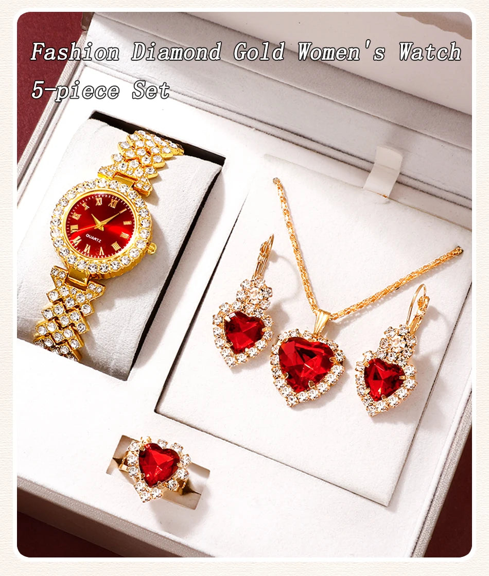 Golden Rhinestone Women's Watch & Jewelry Set – 5PCS Collection