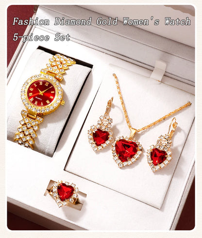 Golden Rhinestone Women's Watch & Jewelry Set – 5PCS Collection
