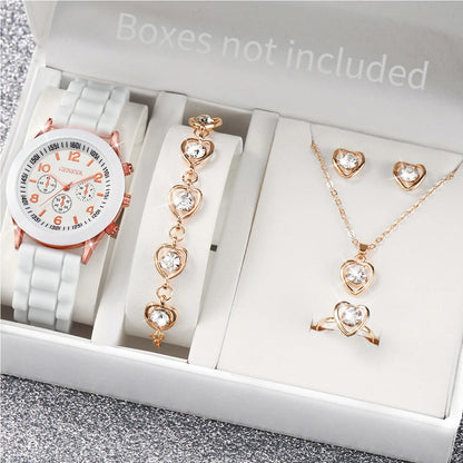 Women's 5PCS Quartz Watch & Jewelry Set – Silicone Band Edition